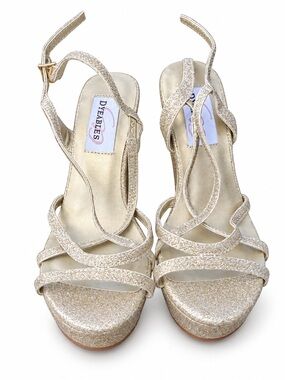 Dyeables Gold Glitter Strappy Platform Wedge Heels Size 6B